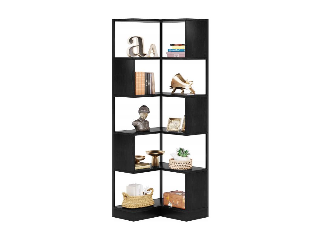 180 cm hoekboekenkast, vrijstaande boekenkast met 6 niveaus, grote hoekplank met metalen frame, zwart