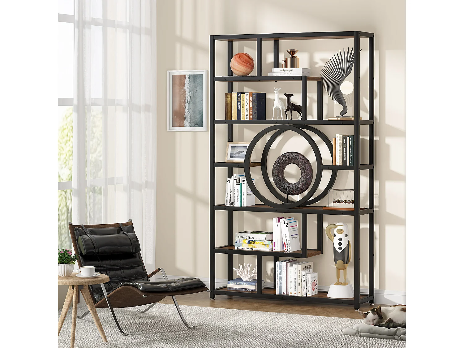 Biblioteca Industrial de 8 Niveles, Biblioteca Autónoma Alta con Mueble de Almacenamiento de 11 Compartimentos para el Salón