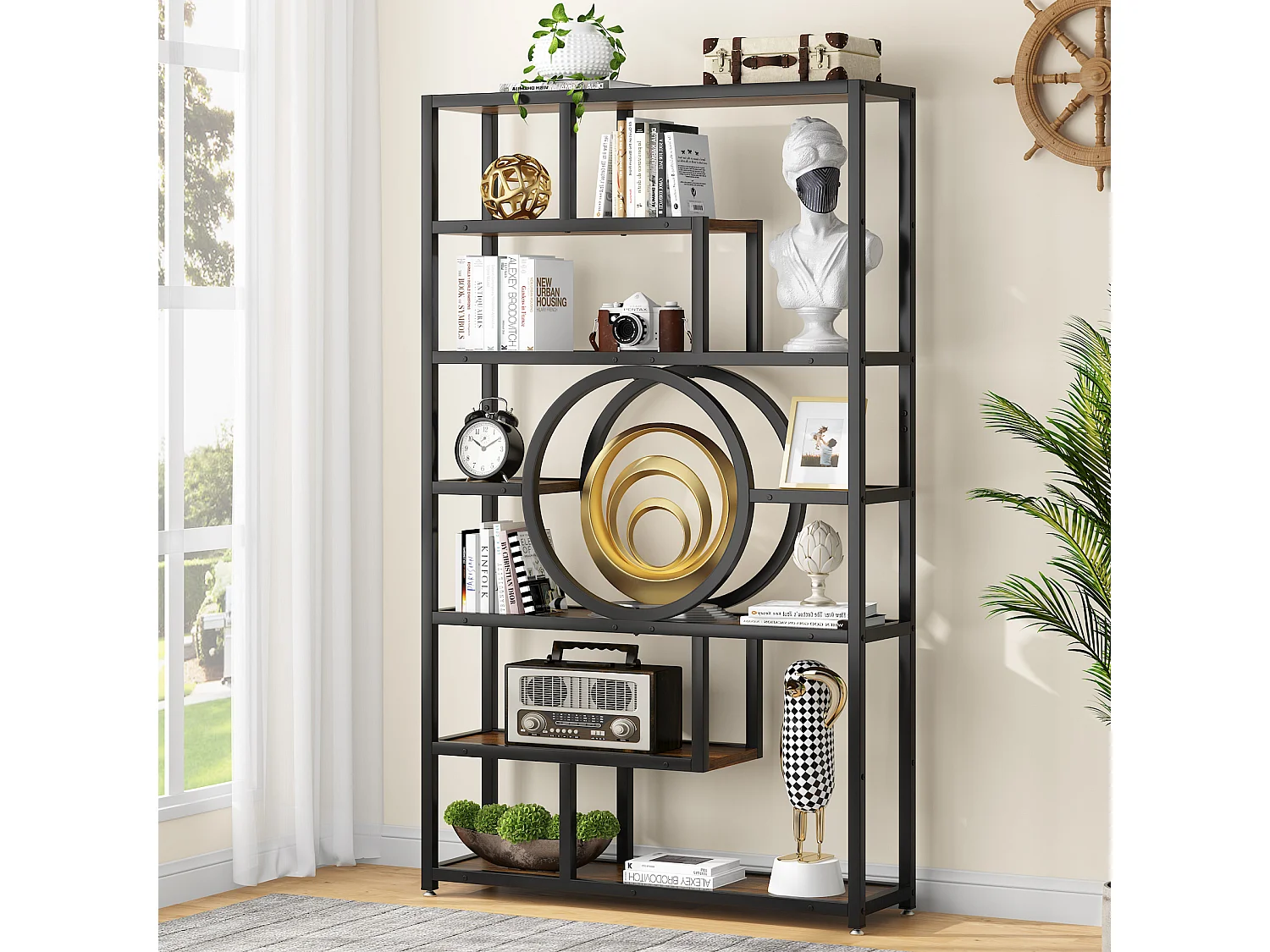 Biblioteca Industrial de 8 Niveles, Biblioteca Autónoma Alta con Mueble de Almacenamiento de 11 Compartimentos para el Salón