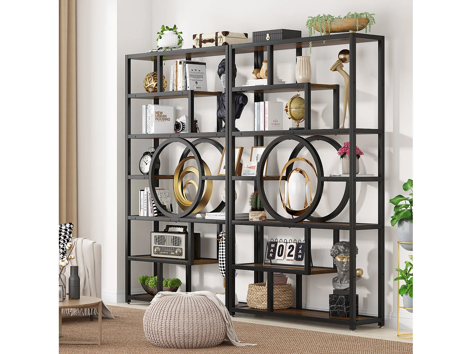 Biblioteca Industrial de 8 Niveles, Biblioteca Autónoma Alta con Mueble de Almacenamiento de 11 Compartimentos para el Salón