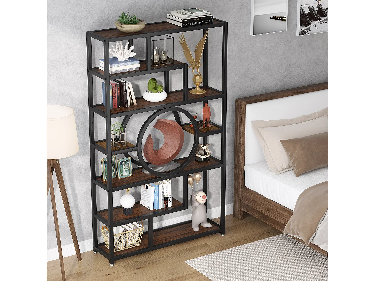 Biblioteca Industrial de 8 Niveles, Biblioteca Autónoma Alta con Mueble de Almacenamiento de 11 Compartimentos para el Salón