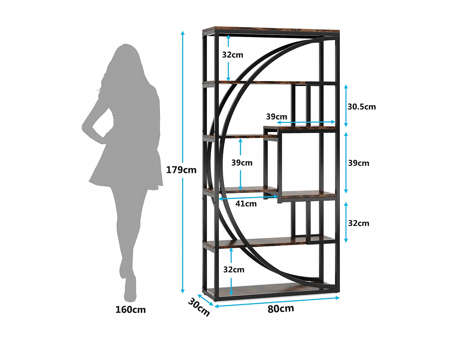 Libreria industriale a 5 ripiani, libreria alta 180 cm con 8 ripiani aperti