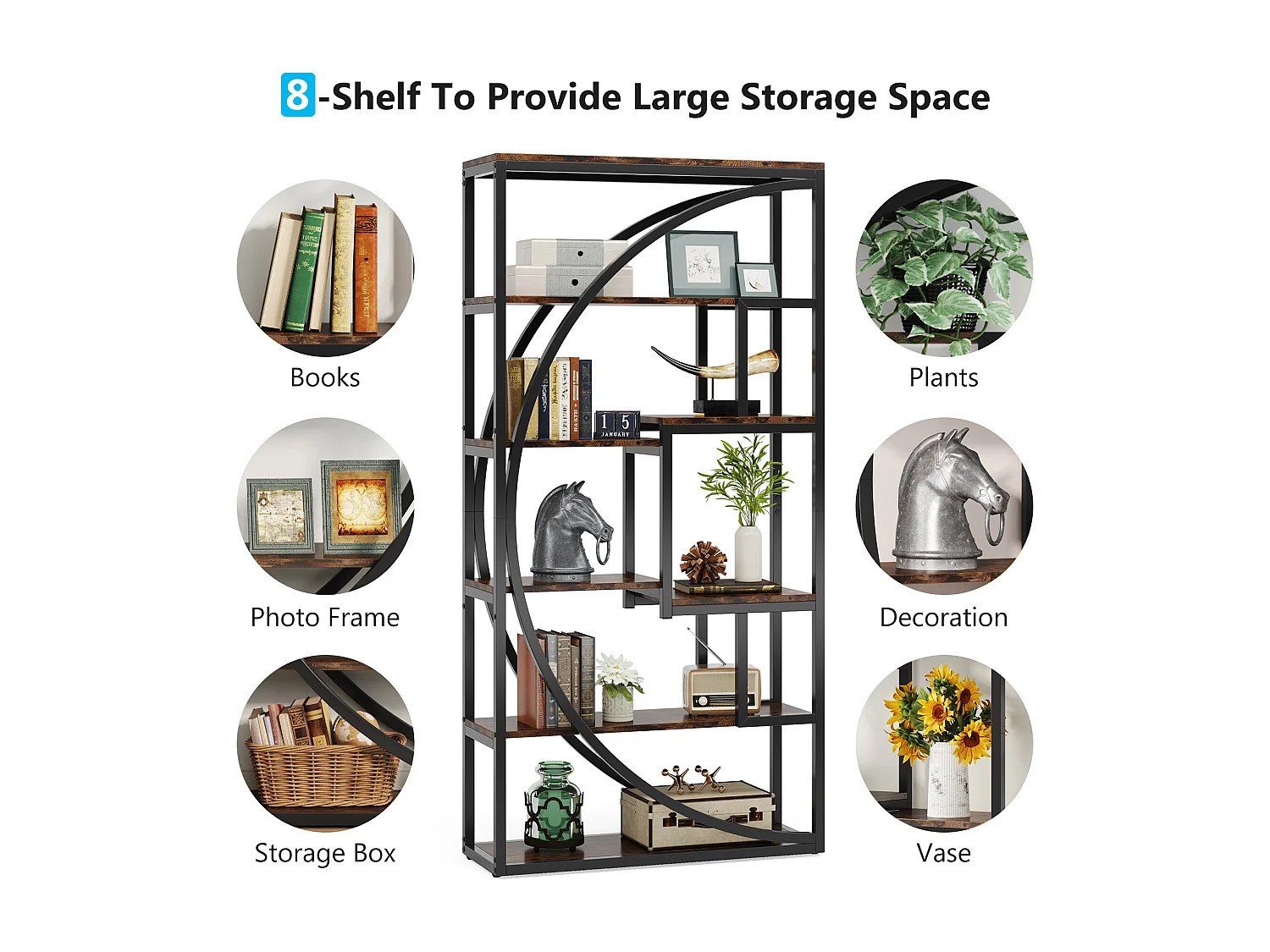 Libreria industriale a 5 ripiani, libreria alta 180 cm con 8 ripiani aperti