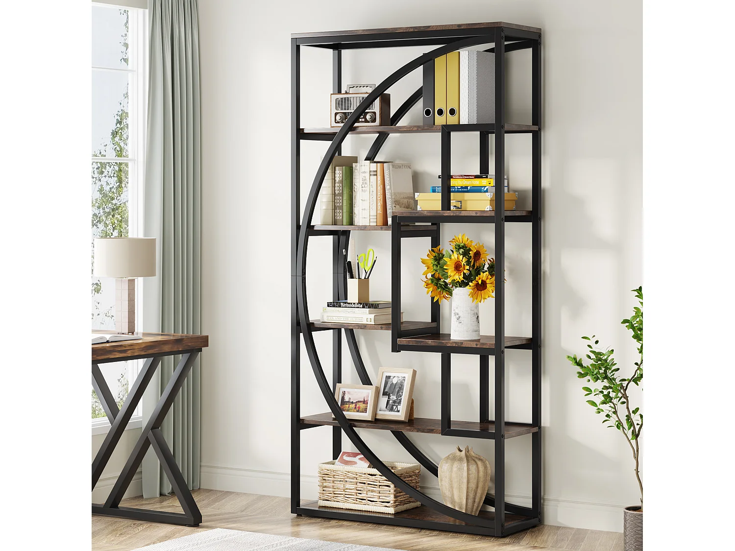 Bibliothèque Industrielle à 5 Niveaux, Bibliothèque de 180 cm de Hauteur avec 8 Étagères de Rangement Ouvertes