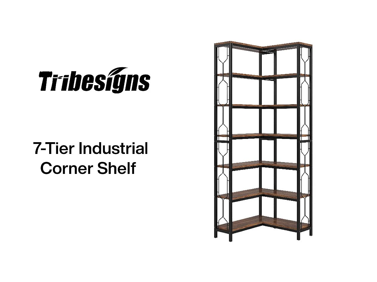 Bibliothèque d'angle, étagère Industrielle à 7 Niveaux, étagères d'angle en Bois et Métal, étagère d'affichage autoportante pour Le Salon