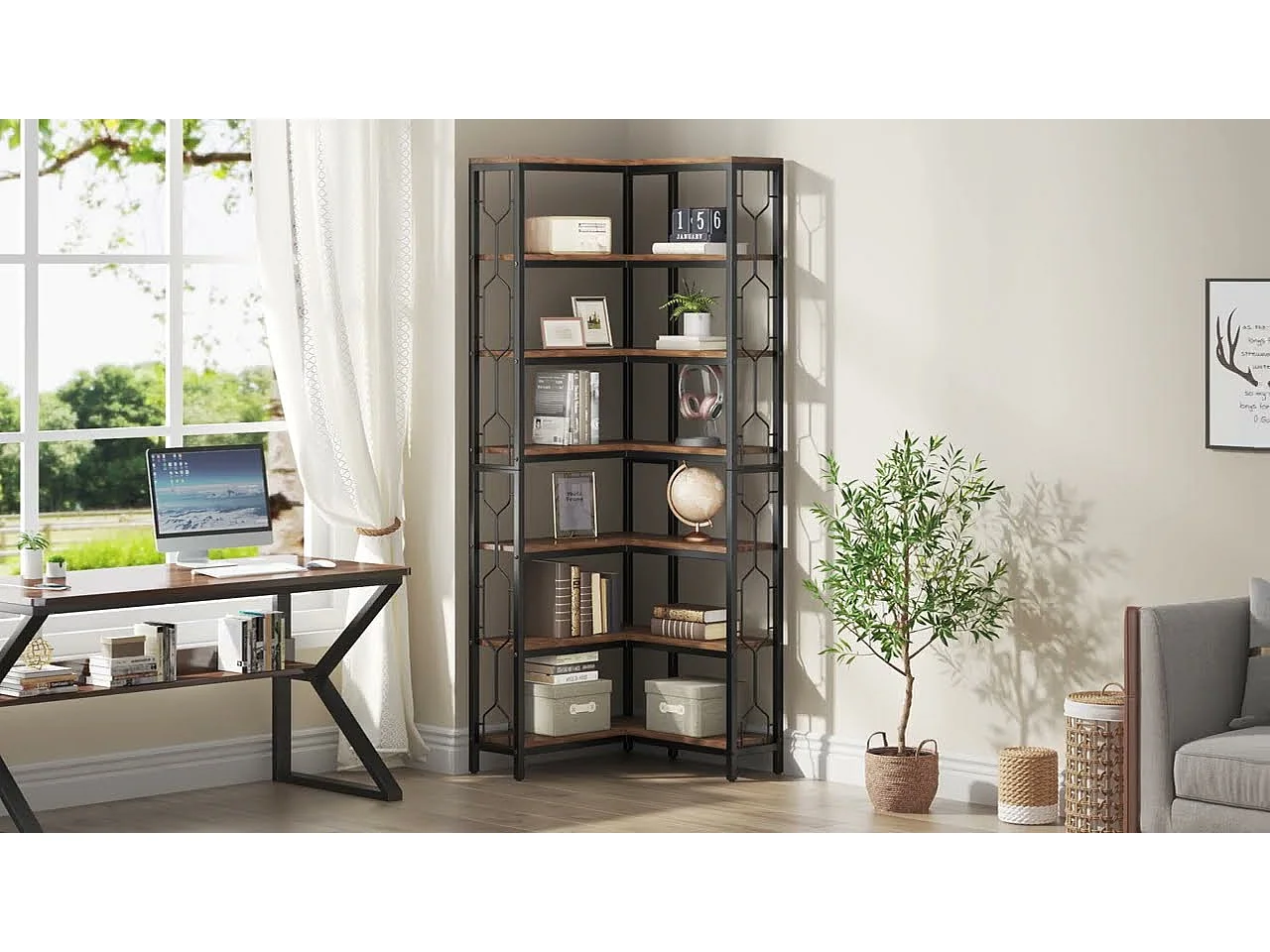 Bibliothèque d'angle, étagère Industrielle à 7 Niveaux, étagères d'angle en Bois et Métal, étagère d'affichage autoportante pour Le Salon