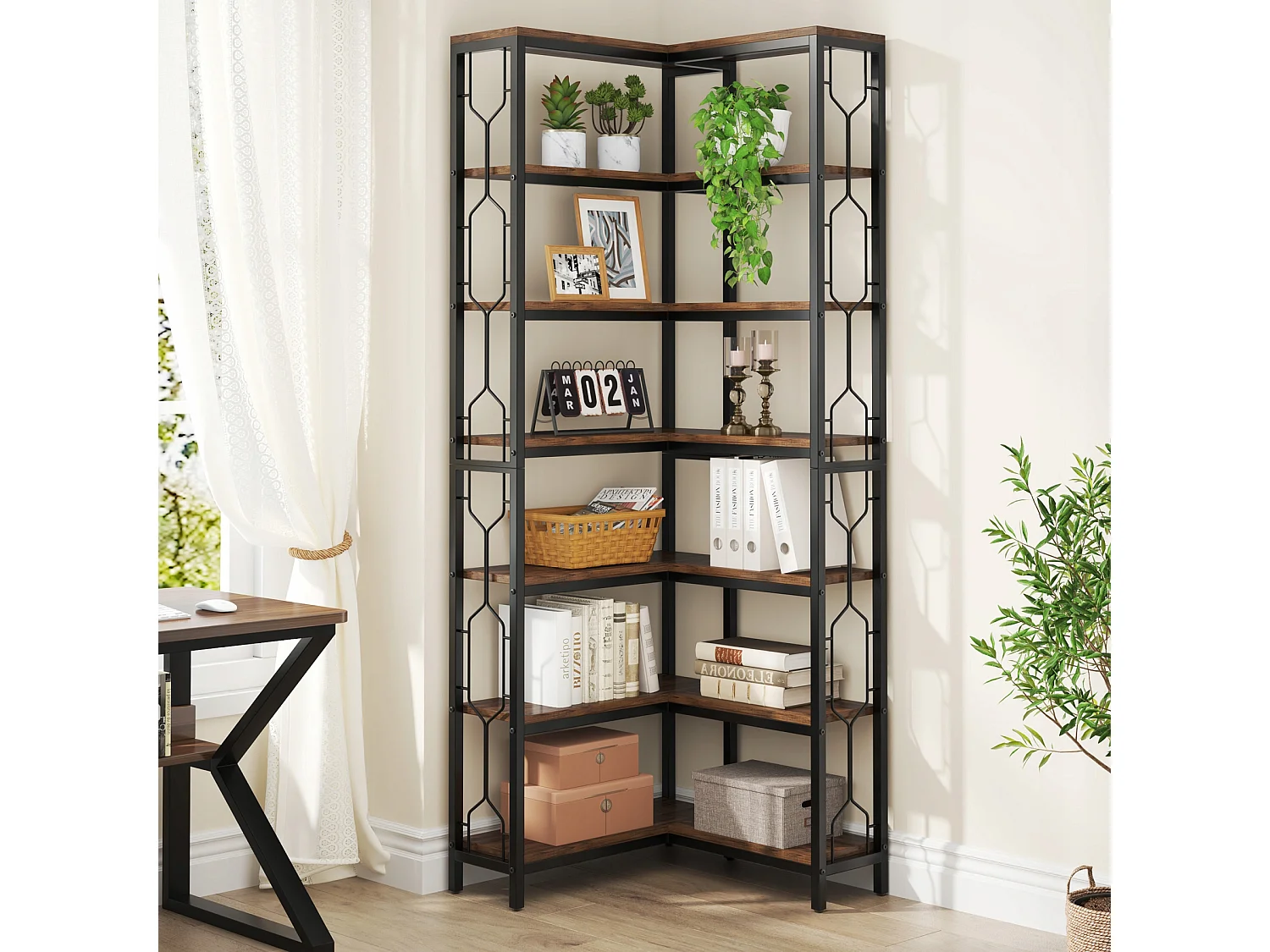 Bibliothèque d'angle, étagère Industrielle à 7 Niveaux, étagères d'angle en Bois et Métal, étagère d'affichage autoportante pour Le Salon