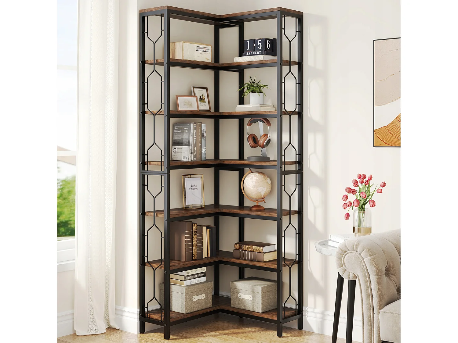 Bibliothèque d'angle, étagère Industrielle à 7 Niveaux, étagères d'angle en Bois et Métal, étagère d'affichage autoportante pour Le Salon