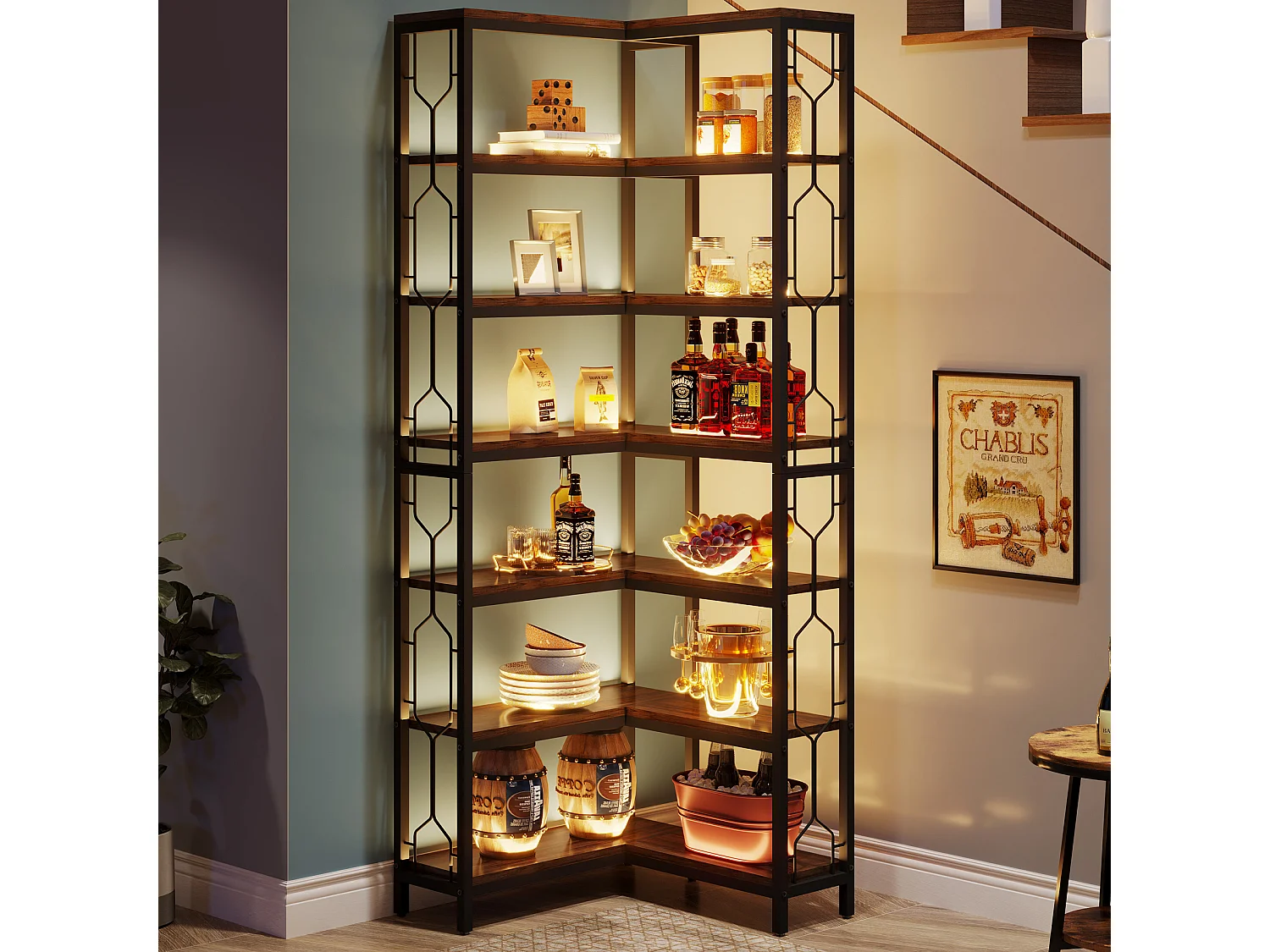 Bibliothèque d'angle, étagère Industrielle à 7 Niveaux, étagères d'angle en Bois et Métal, étagère d'affichage autoportante pour Le Salon