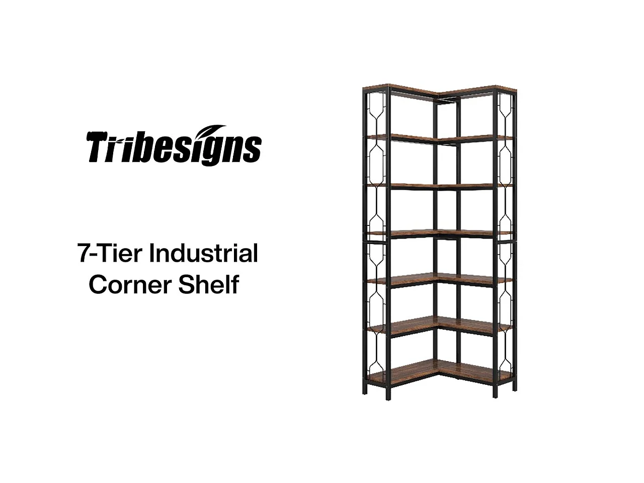 Narożny regał na książki, 7-poziomowy regał industrialny, półki narożne z drewna i metalu, wolnostojący regał ekspozycyjny do salonu