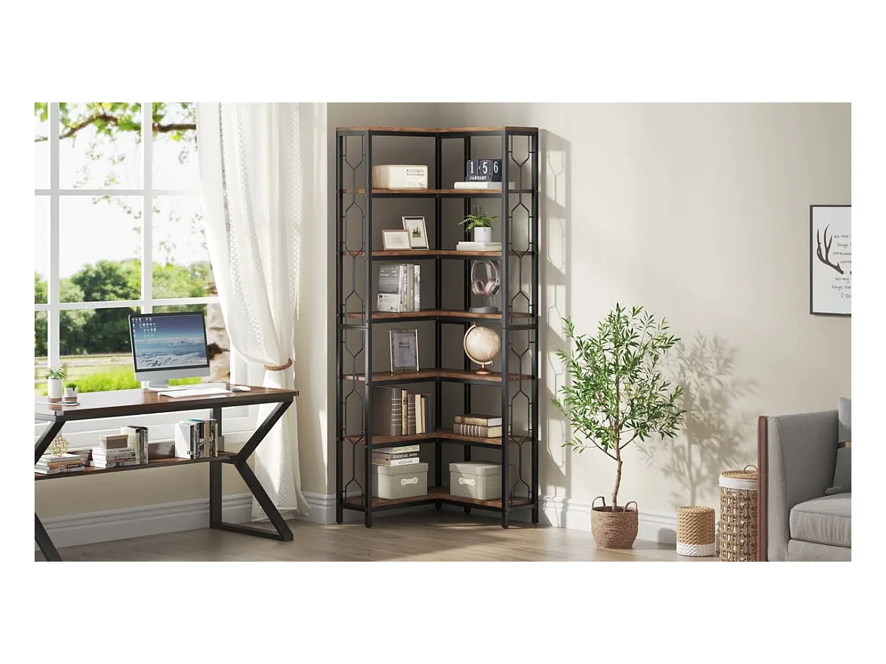 Narożny regał na książki, 7-poziomowy regał industrialny, półki narożne z drewna i metalu, wolnostojący regał ekspozycyjny do salonu