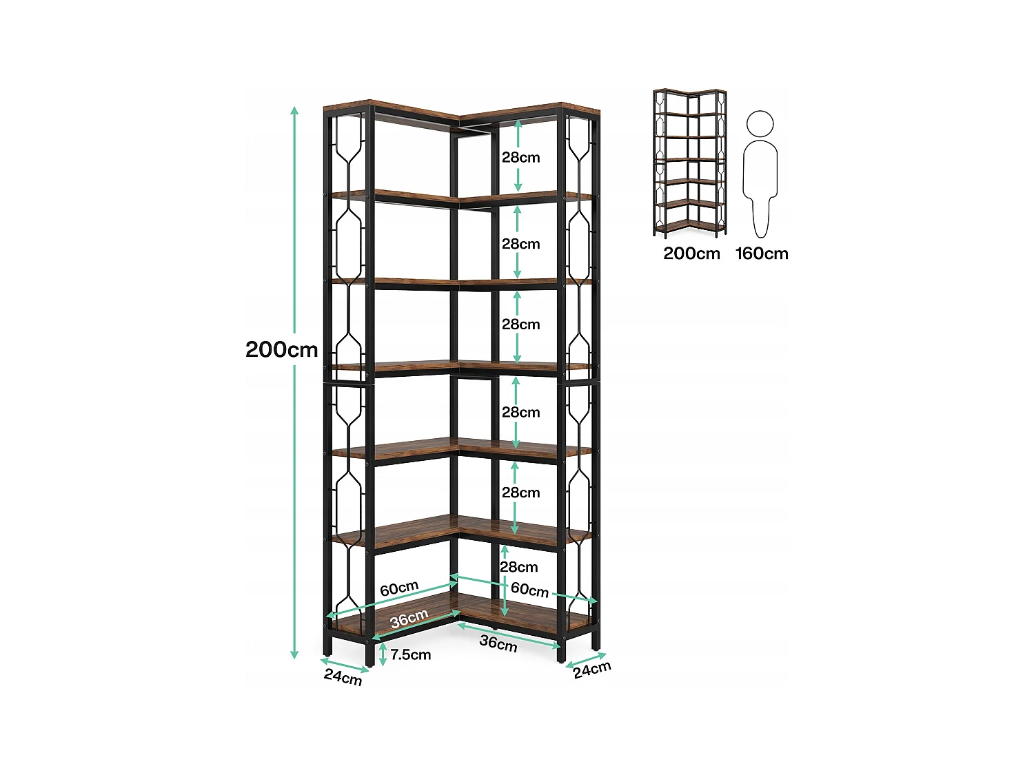 Narożny regał na książki, 7-poziomowy regał industrialny, półki narożne z drewna i metalu, wolnostojący regał ekspozycyjny do salonu