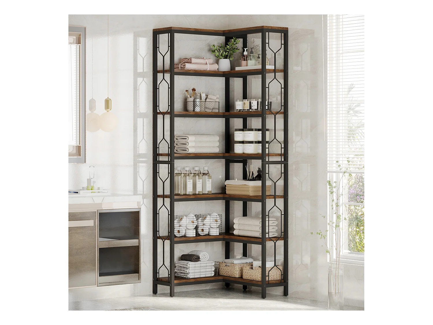 Narożny regał na książki, 7-poziomowy regał industrialny, półki narożne z drewna i metalu, wolnostojący regał ekspozycyjny do salonu