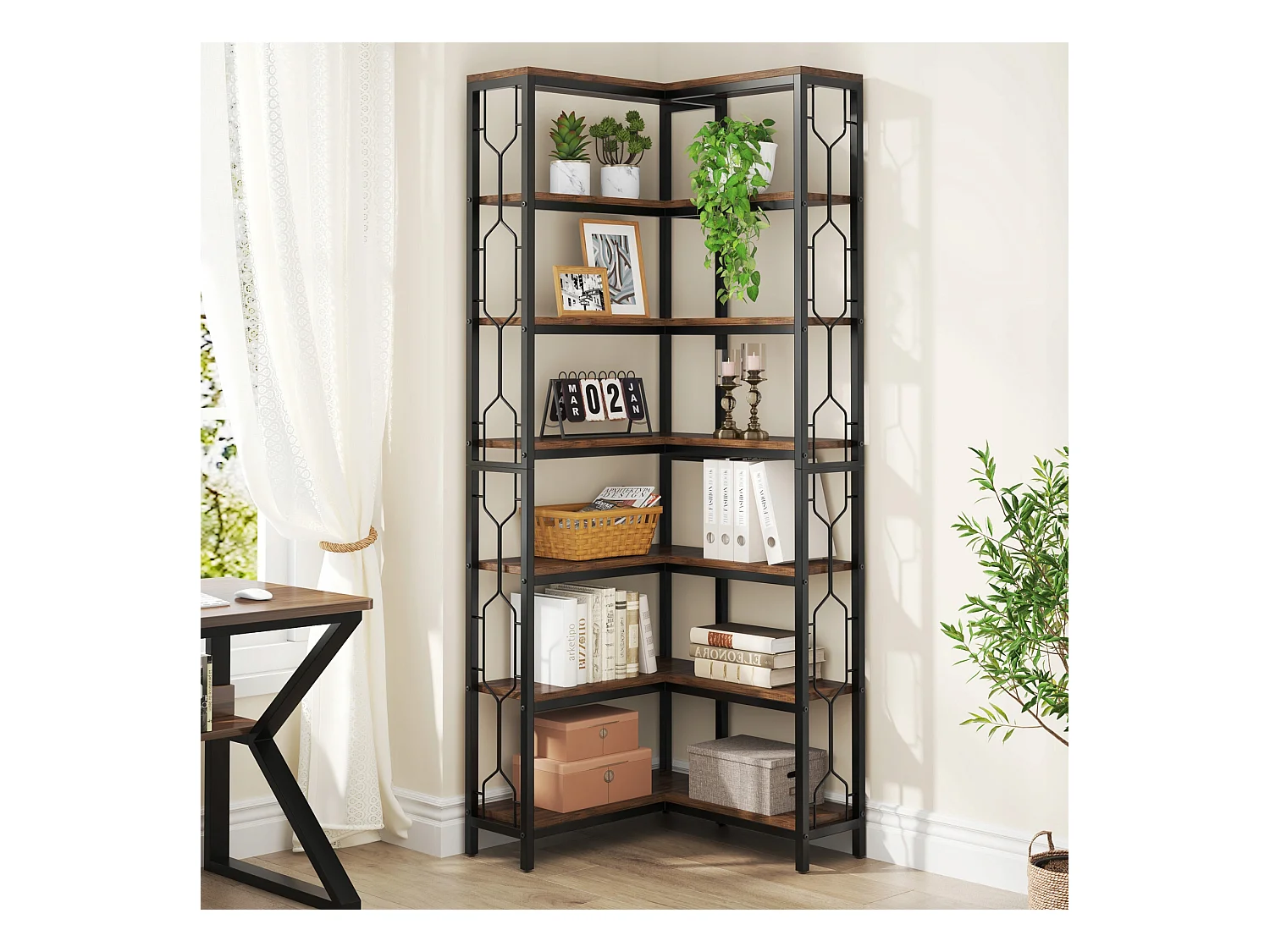 Narożny regał na książki, 7-poziomowy regał industrialny, półki narożne z drewna i metalu, wolnostojący regał ekspozycyjny do salonu