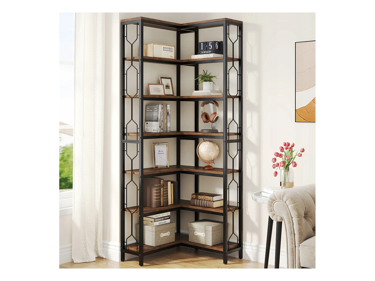 Narożny regał na książki, 7-poziomowy regał industrialny, półki narożne z drewna i metalu, wolnostojący regał ekspozycyjny do salonu