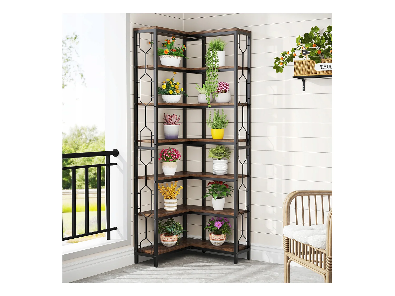 Narożny regał na książki, 7-poziomowy regał industrialny, półki narożne z drewna i metalu, wolnostojący regał ekspozycyjny do salonu