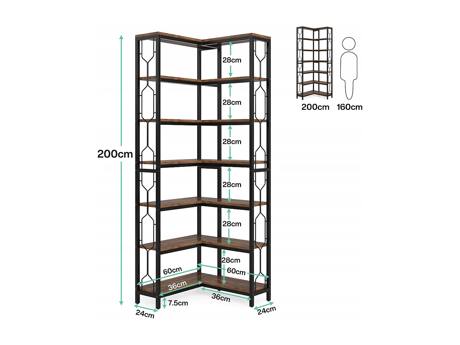 Bibliothèque d'angle, étagère Industrielle à 7 Niveaux, étagères d'angle en Bois et Métal, étagère d'affichage autoportante pour Le Salon