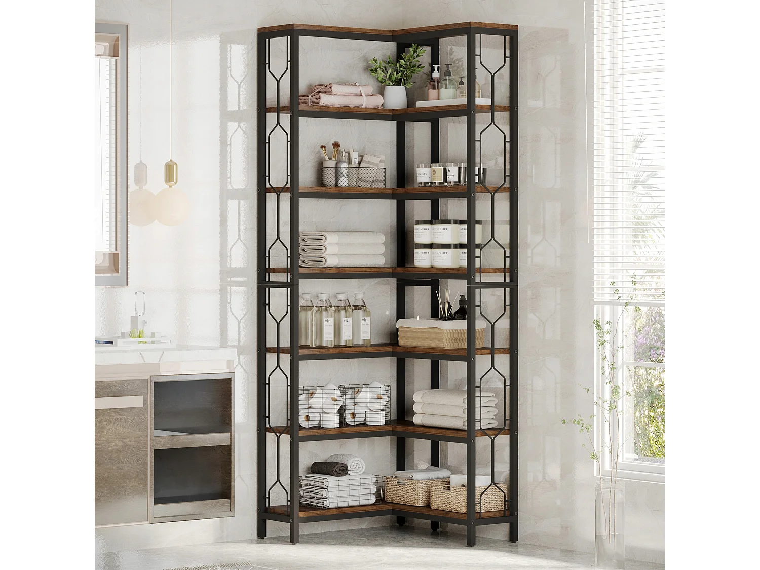 Bibliothèque d'angle, étagère Industrielle à 7 Niveaux, étagères d'angle en Bois et Métal, étagère d'affichage autoportante pour Le Salon