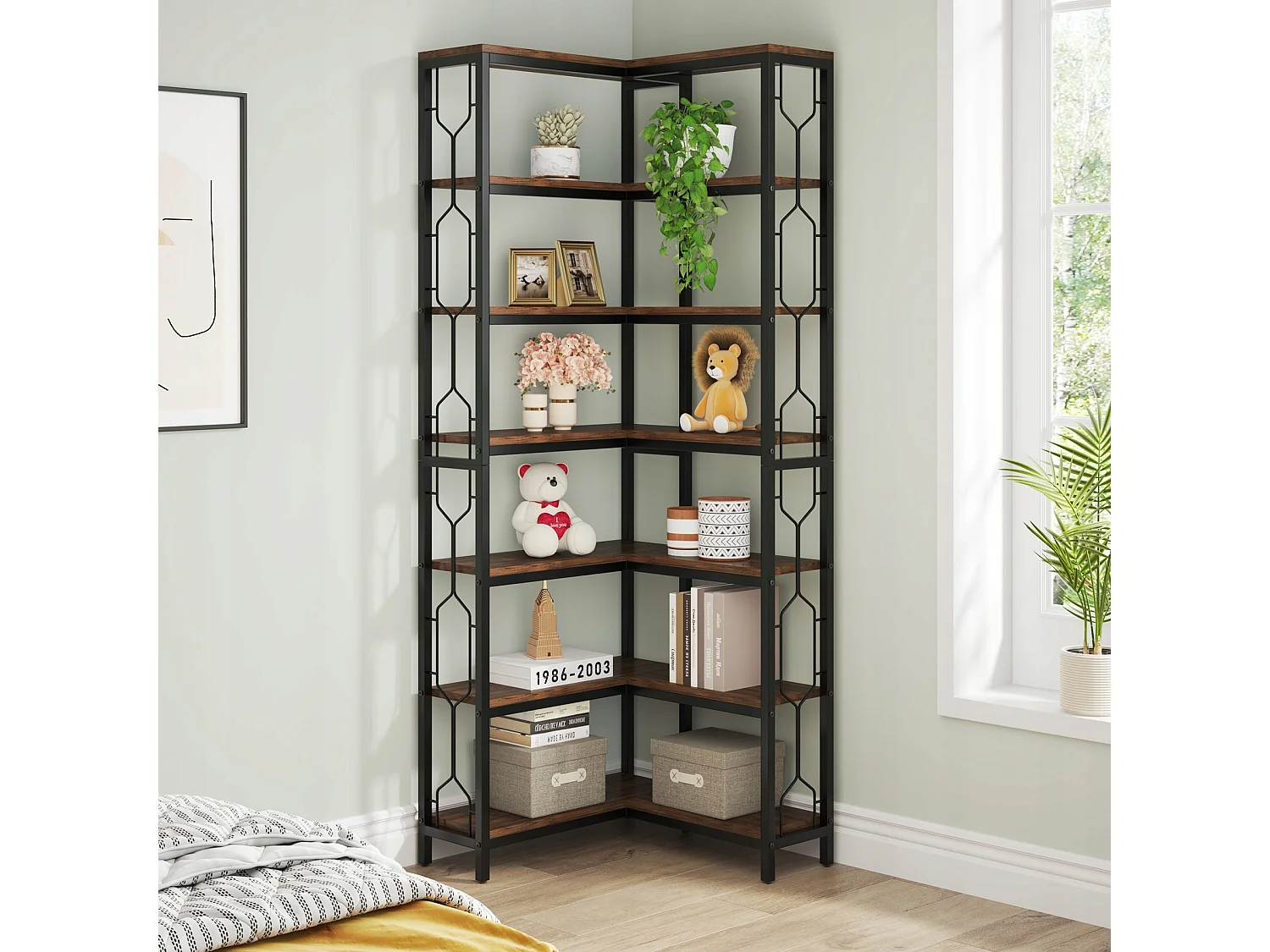 Bibliothèque d'angle, étagère Industrielle à 7 Niveaux, étagères d'angle en Bois et Métal, étagère d'affichage autoportante pour Le Salon