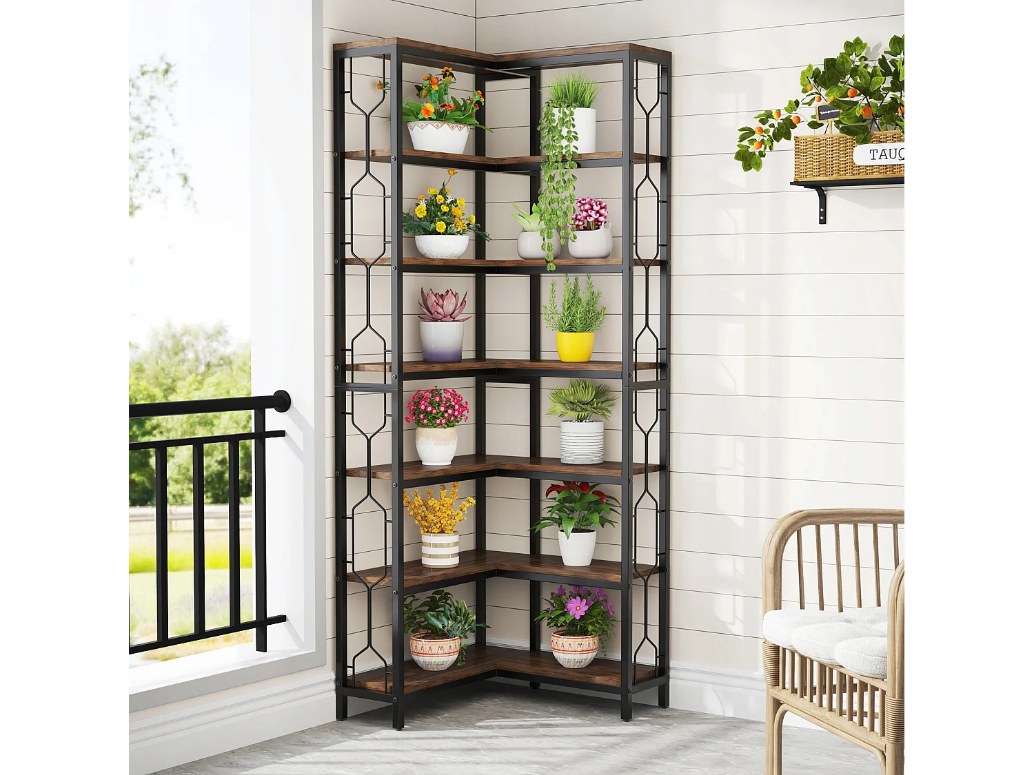 Bibliothèque d'angle, étagère Industrielle à 7 Niveaux, étagères d'angle en Bois et Métal, étagère d'affichage autoportante pour Le Salon