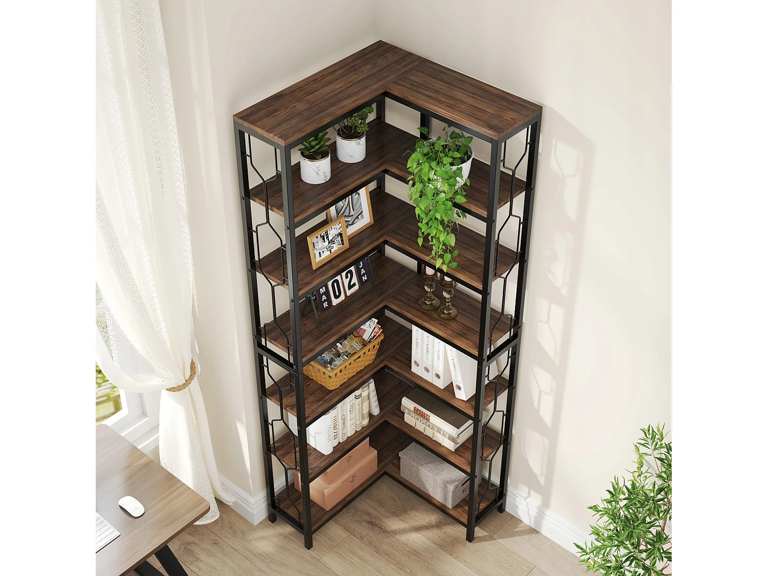 Bibliothèque d'angle, étagère Industrielle à 7 Niveaux, étagères d'angle en Bois et Métal, étagère d'affichage autoportante pour Le Salon