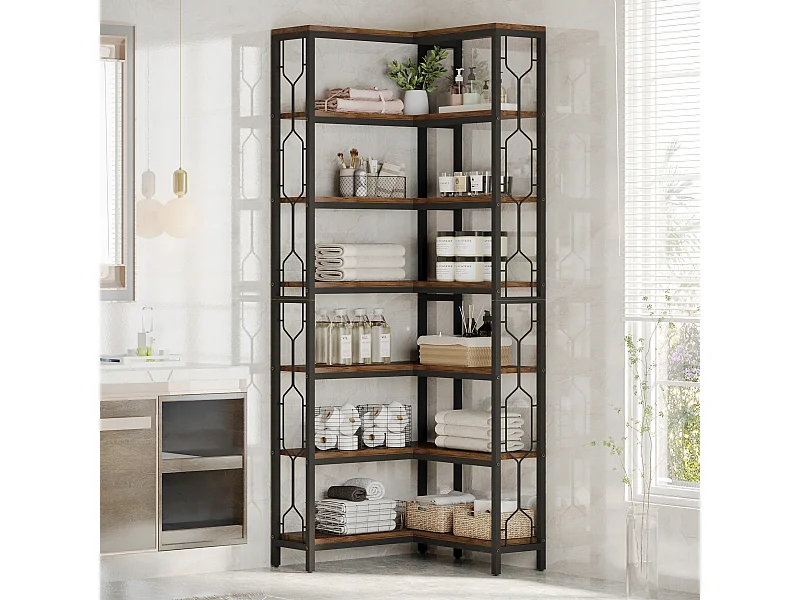 Bibliothèque d'angle, étagère Industrielle à 7 Niveaux, étagères d'angle en Bois et Métal, étagère d'affichage autoportante pour Le Salon