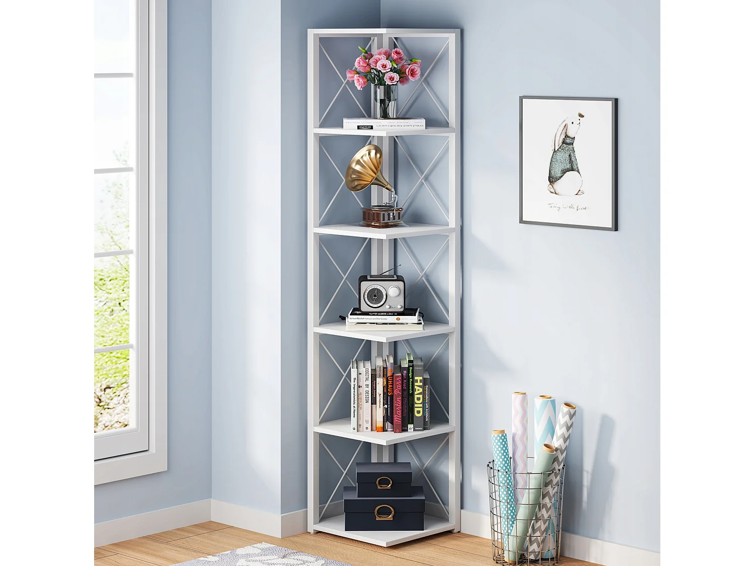 Bibliothèque d'angle, étagère de Rangement étagère bibliothèque, Support de Plante, 6 Niveaux Industriel pour la Maison, Bureau