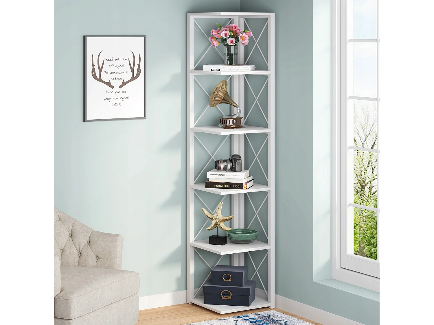 Bibliothèque d'angle, étagère de Rangement étagère bibliothèque, Support de Plante, 6 Niveaux Industriel pour la Maison, Bureau