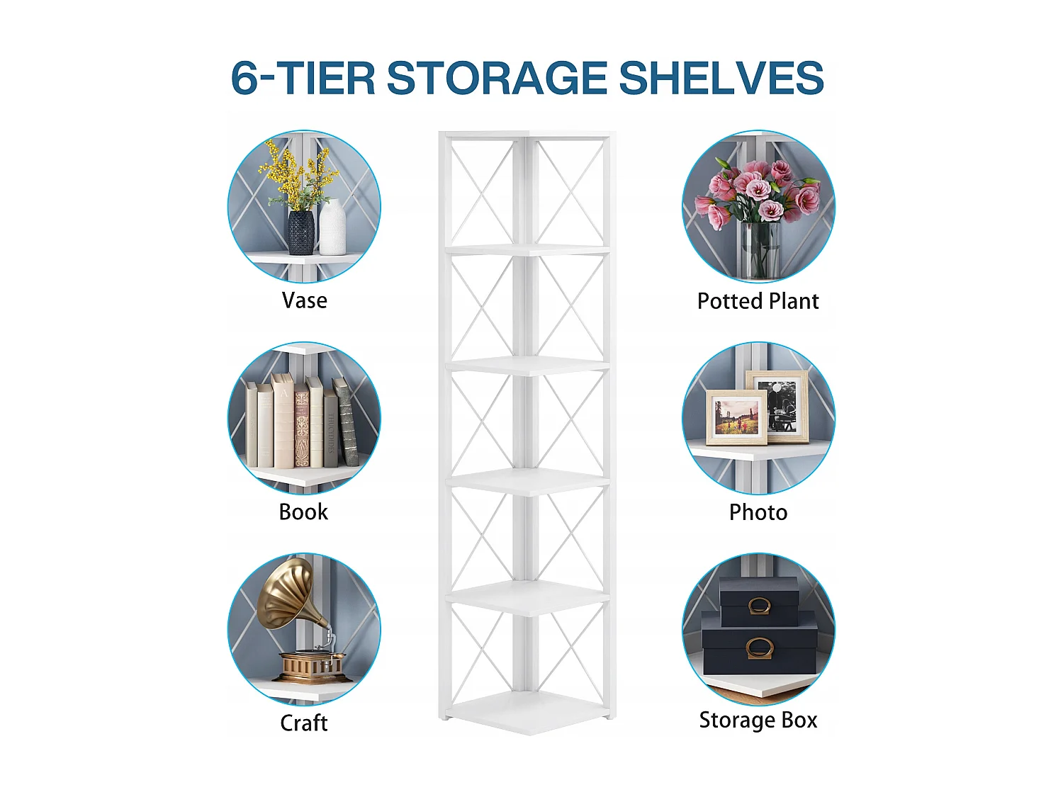 Bibliothèque d'angle, étagère de Rangement étagère bibliothèque, Support de Plante, 6 Niveaux Industriel pour la Maison, Bureau