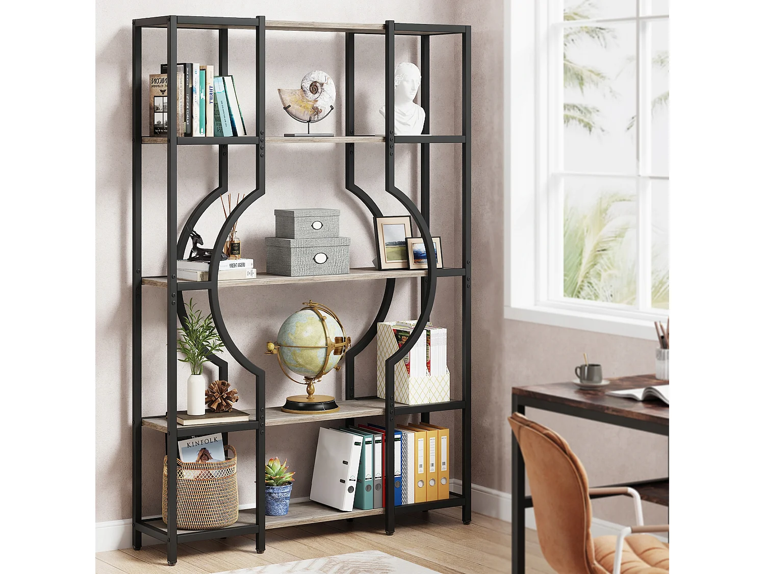 Biblioteca de 5 niveles, biblioteca de alta antigüedad con 12 estantes de almacenamiento abiertos, estante de libros de madera con marco de metal
