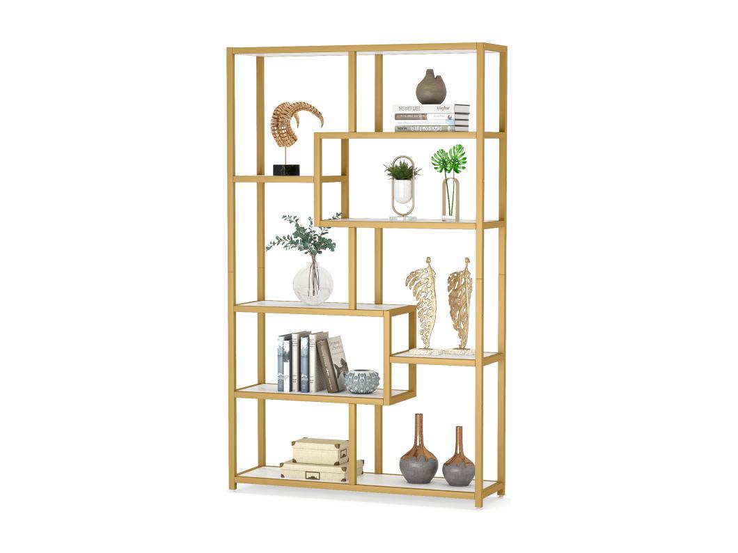 Boekenkast met 8 niveaus, 100 x 30 x 180 cm, vrijstaande plank, metalen frame, slaapkamer wit/goud