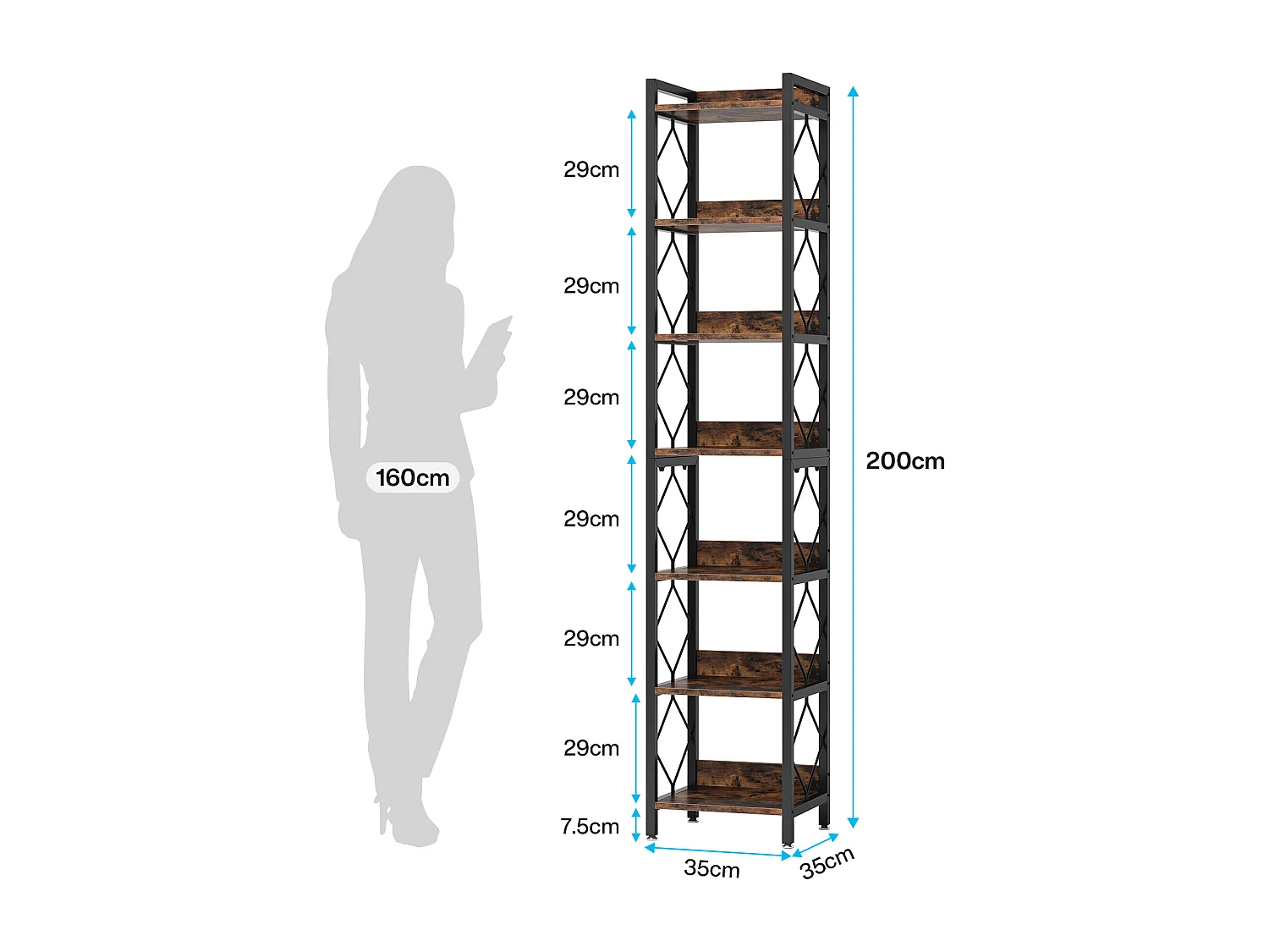 Bibliothèque étroite Extra Haute de 200 cm, bibliothèque Fine à 7 Niveaux pour Petits espaces, étagères autonomes, Marron Rustique