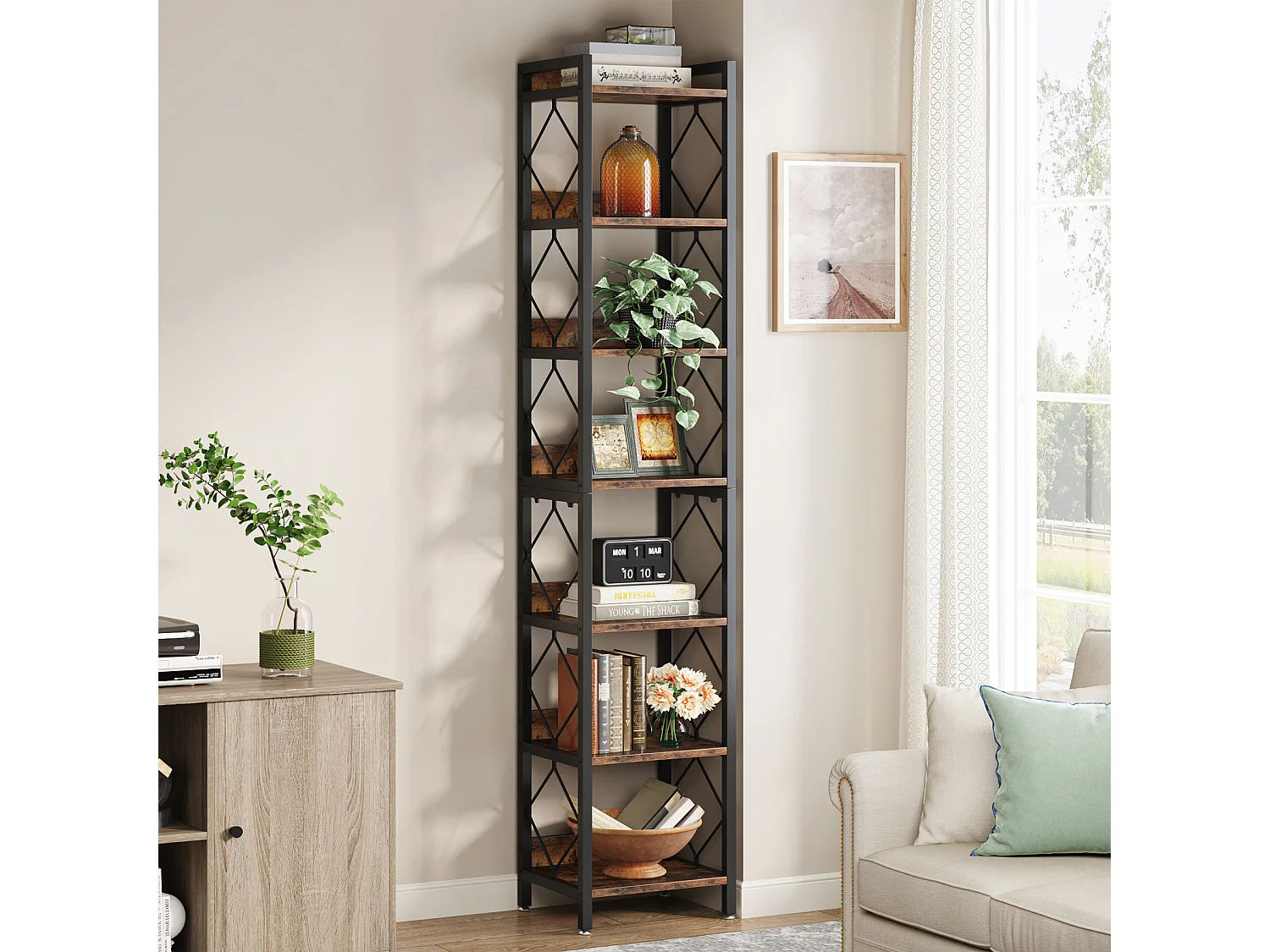 Bibliothèque étroite Extra Haute de 200 cm, bibliothèque Fine à 7 Niveaux pour Petits espaces, étagères autonomes, Marron Rustique