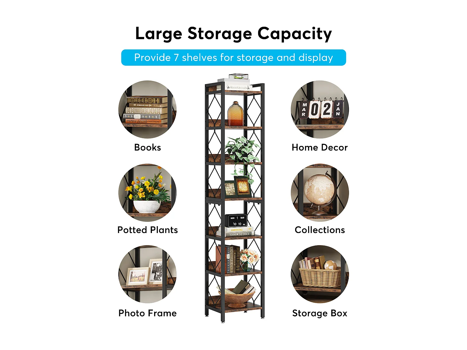 Bibliothèque étroite Extra Haute de 200 cm, bibliothèque Fine à 7 Niveaux pour Petits espaces, étagères autonomes, Marron Rustique