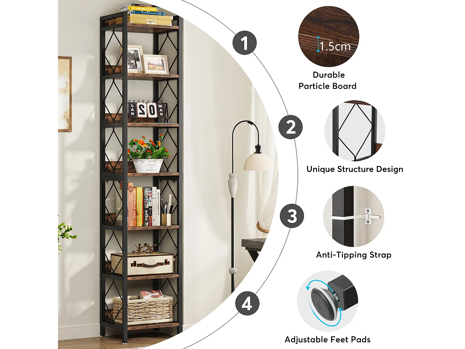 Bibliothèque étroite Extra Haute de 200 cm, bibliothèque Fine à 7 Niveaux pour Petits espaces, étagères autonomes, Marron Rustique