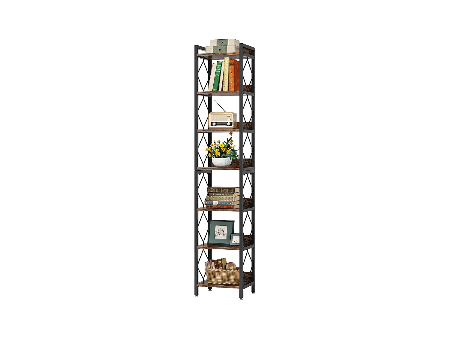 Bibliothèque étroite Extra Haute de 200 cm, bibliothèque Fine à 7 Niveaux pour Petits espaces, étagères autonomes, Marron Rustique