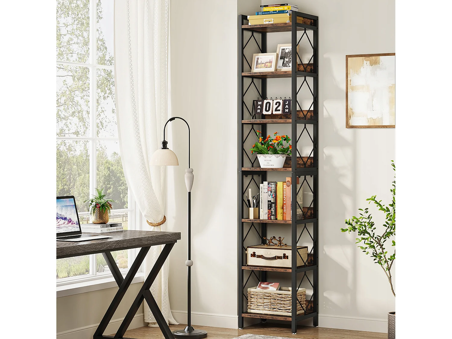 Bibliothèque étroite Extra Haute de 200 cm, bibliothèque Fine à 7 Niveaux pour Petits espaces, étagères autonomes, Marron Rustique