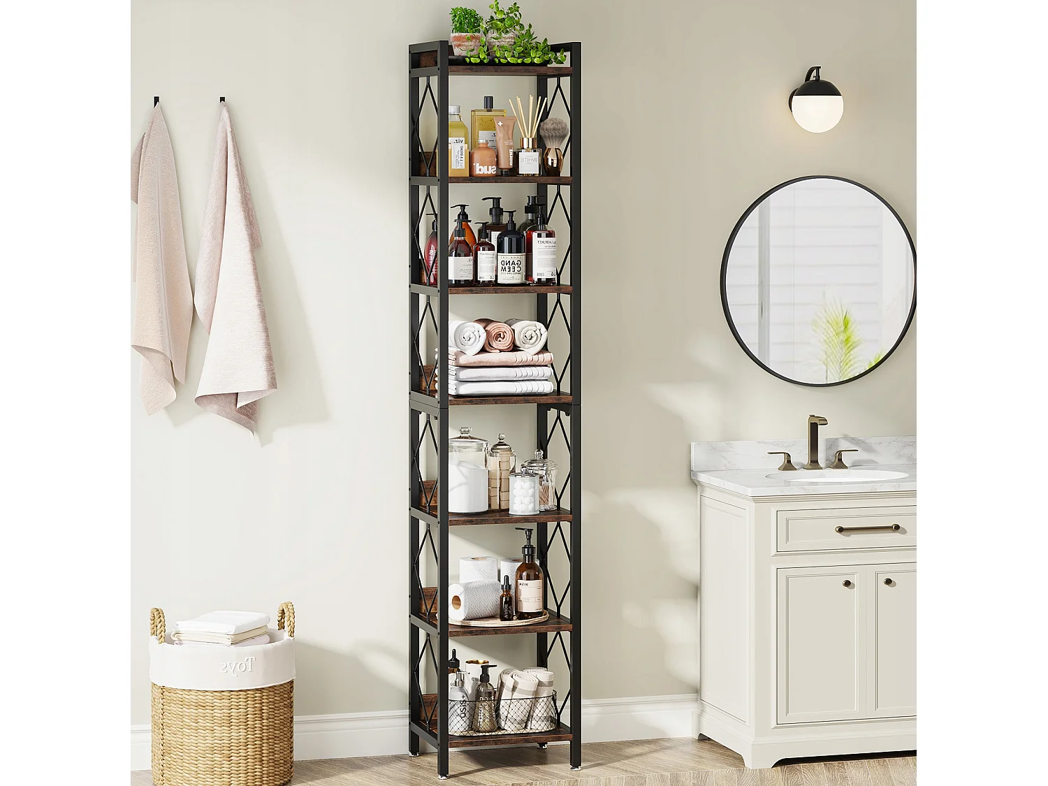 Bibliothèque étroite Extra Haute de 200 cm, bibliothèque Fine à 7 Niveaux pour Petits espaces, étagères autonomes, Marron Rustique