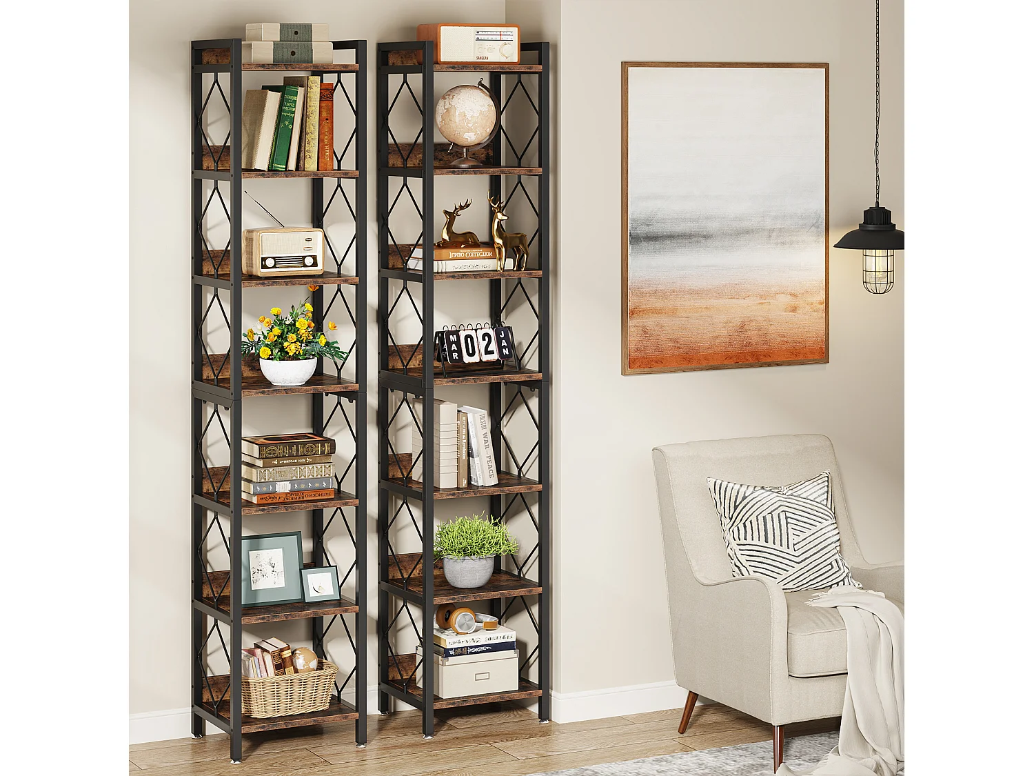 Bibliothèque étroite Extra Haute de 200 cm, bibliothèque Fine à 7 Niveaux pour Petits espaces, étagères autonomes, Marron Rustique