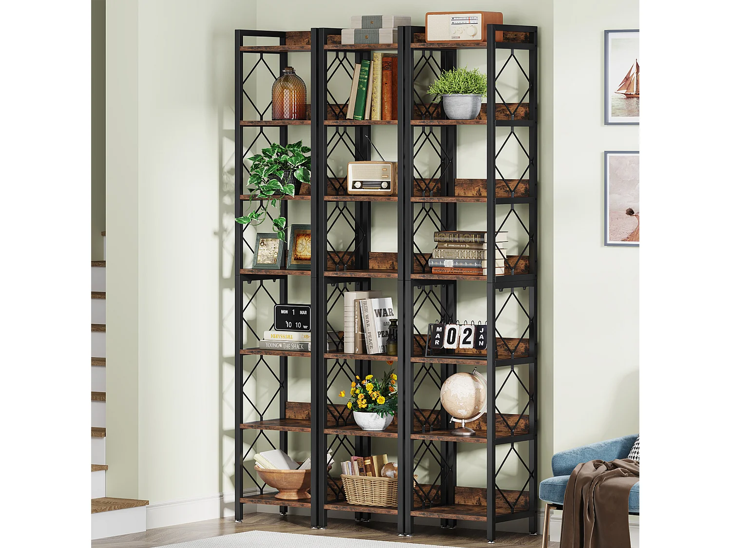 Bibliothèque étroite Extra Haute de 200 cm, bibliothèque Fine à 7 Niveaux pour Petits espaces, étagères autonomes, Marron Rustique