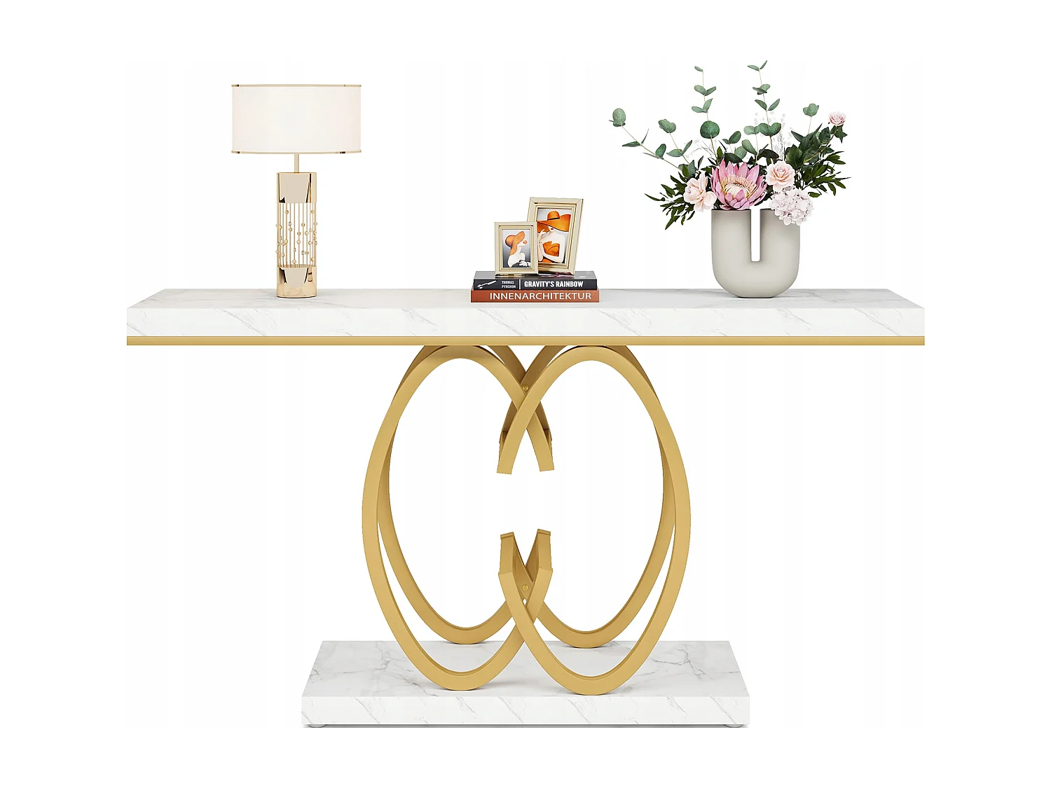 Consola de mesa dorada de 140 cm, Mesa de entrada moderna con patas de metal dorado en forma de doble C, Mármol blanco imitación