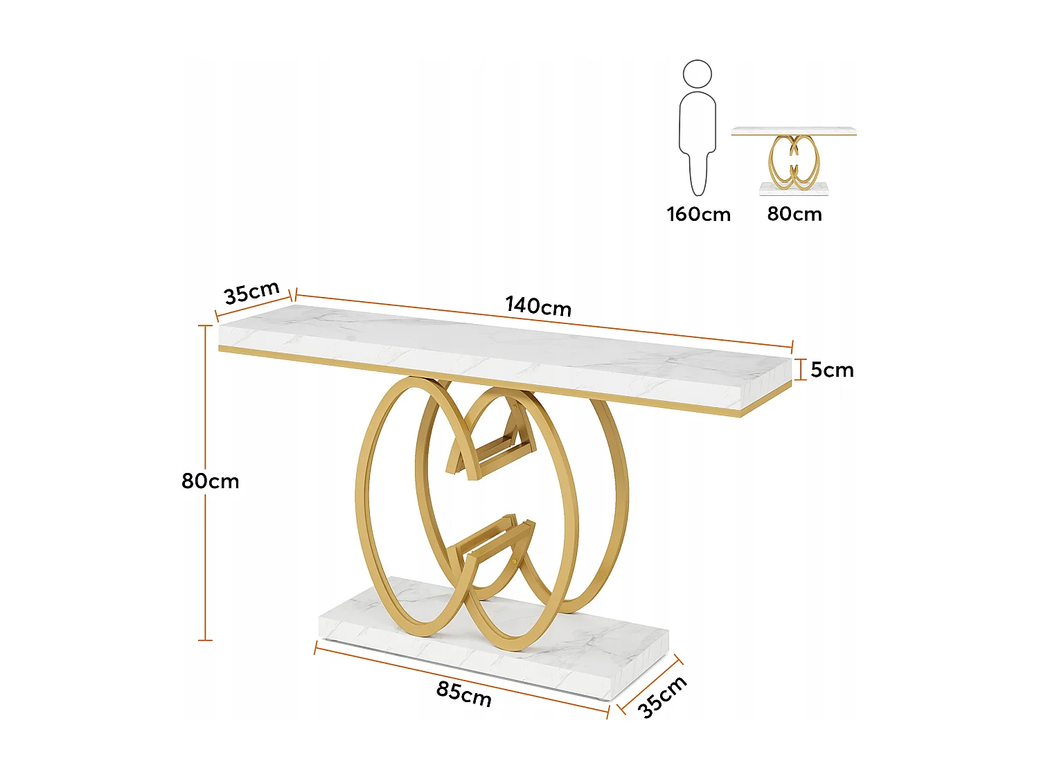 Consola de mesa dorada de 140 cm, Mesa de entrada moderna con patas de metal dorado en forma de doble C, Mármol blanco imitación