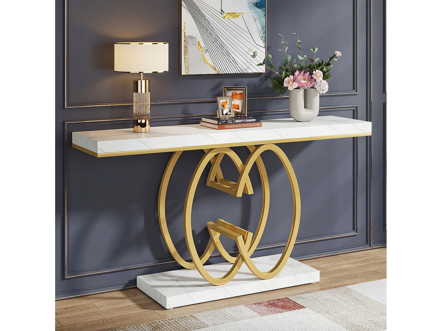 Consola de mesa dorada de 140 cm, Mesa de entrada moderna con patas de metal dorado en forma de doble C, Mármol blanco imitación
