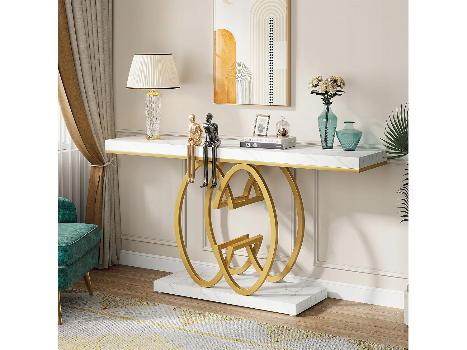 Consola de mesa dorada de 140 cm, Mesa de entrada moderna con patas de metal dorado en forma de doble C, Mármol blanco imitación