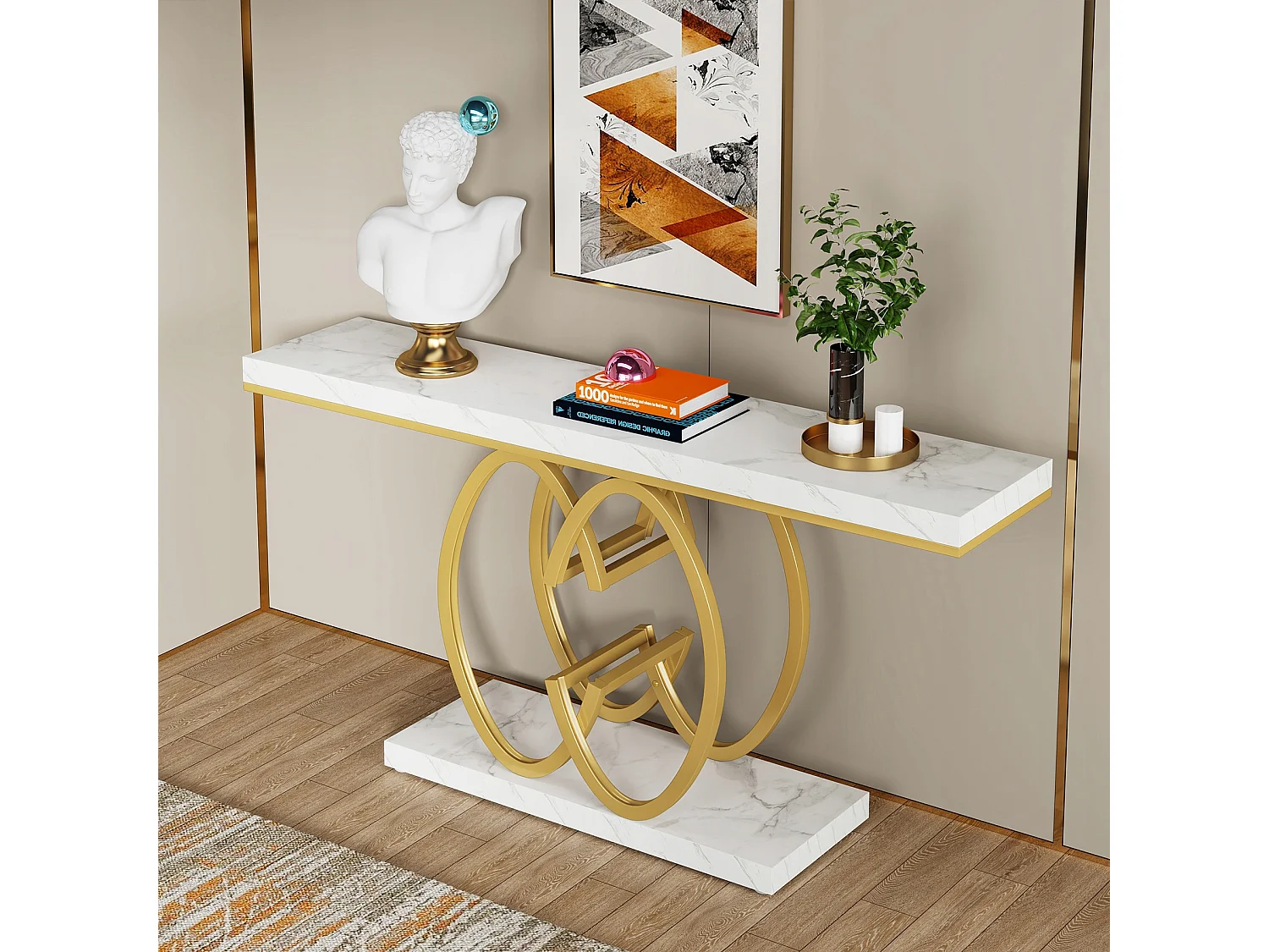 Consola de mesa dorada de 140 cm, Mesa de entrada moderna con patas de metal dorado en forma de doble C, Mármol blanco imitación