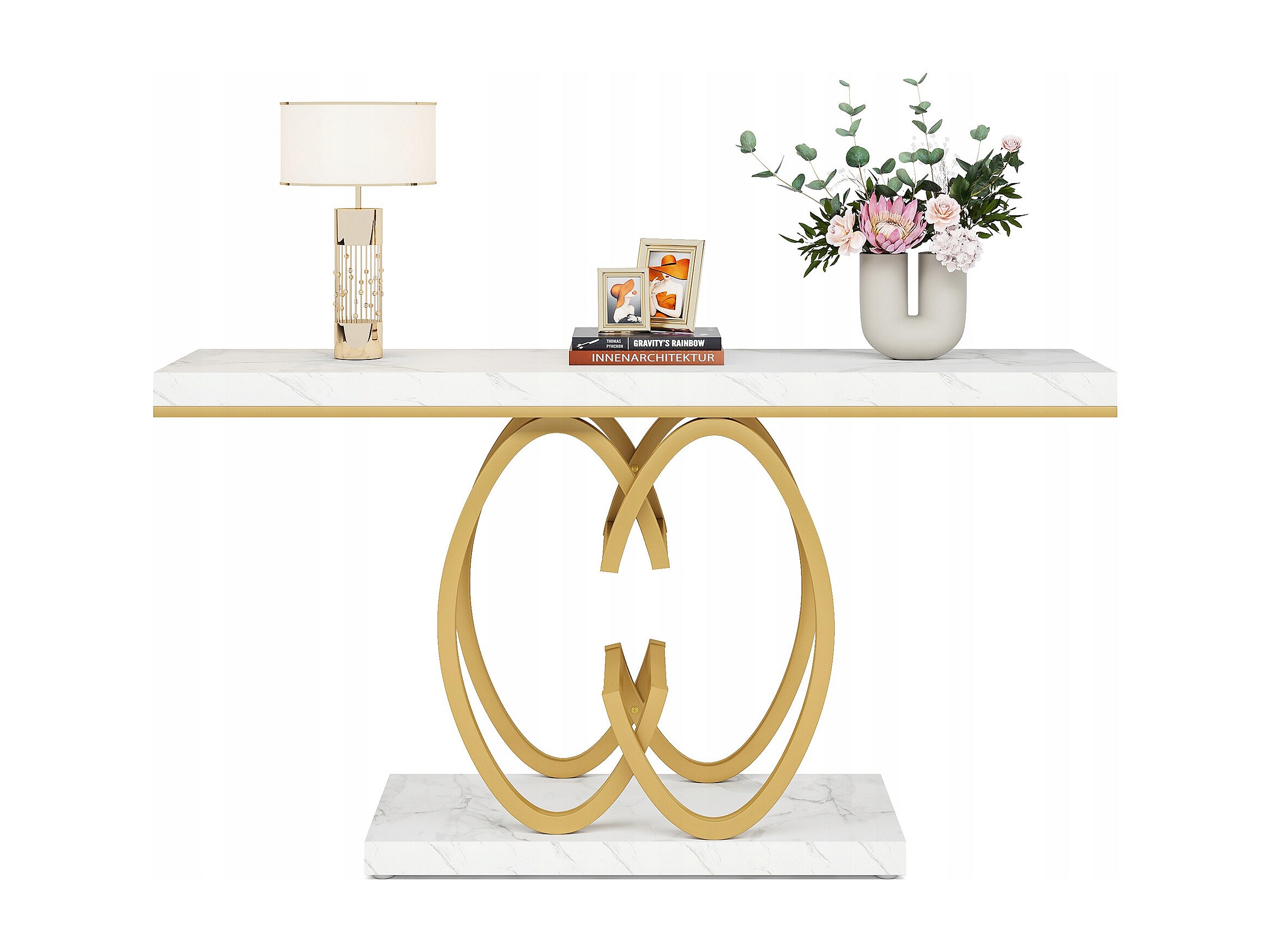 Table Console Moderne Blanc & Or – 100 Cm Plateau Imitation Marbre | Pieds Géométriques Métal Pour Salon, Entrée