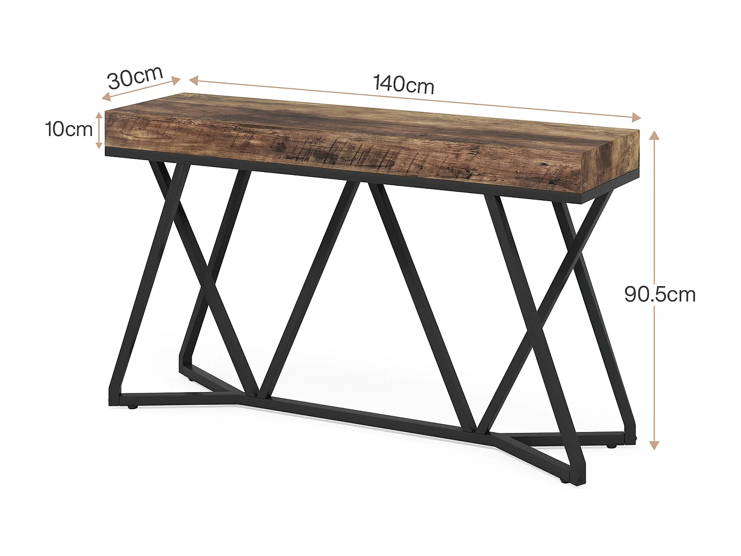 Consoletafel van 140 cm, houten haltafel met uniek metalen onderstel, salontafel, haltafel