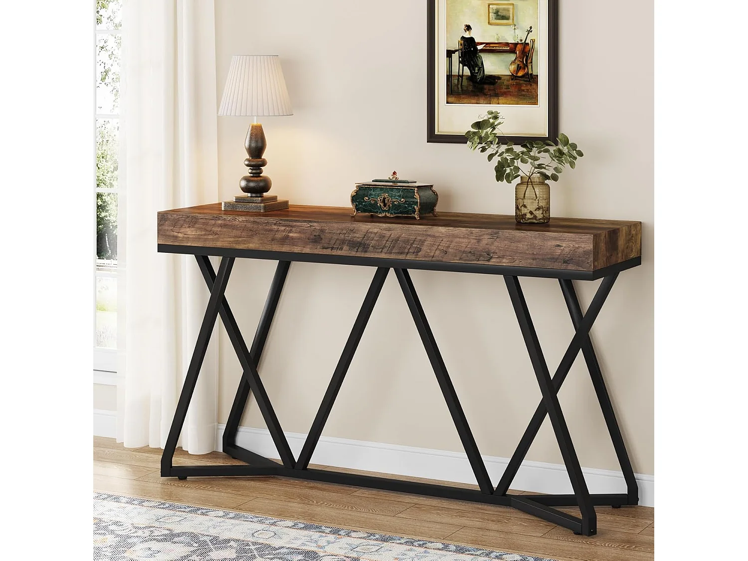 Consoletafel van 140 cm, houten haltafel met uniek metalen onderstel, salontafel, haltafel