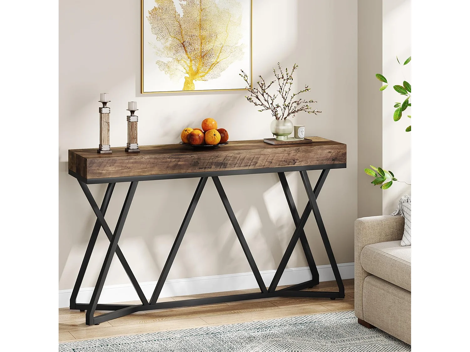 Consoletafel van 140 cm, houten haltafel met uniek metalen onderstel, salontafel, haltafel