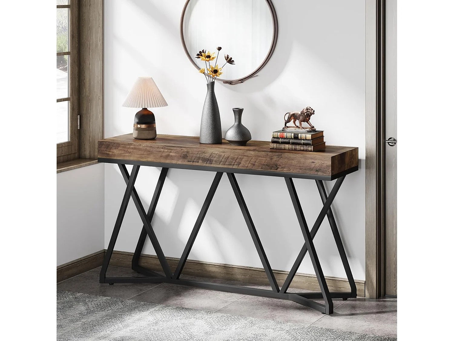 Consoletafel van 140 cm, houten haltafel met uniek metalen onderstel, salontafel, haltafel